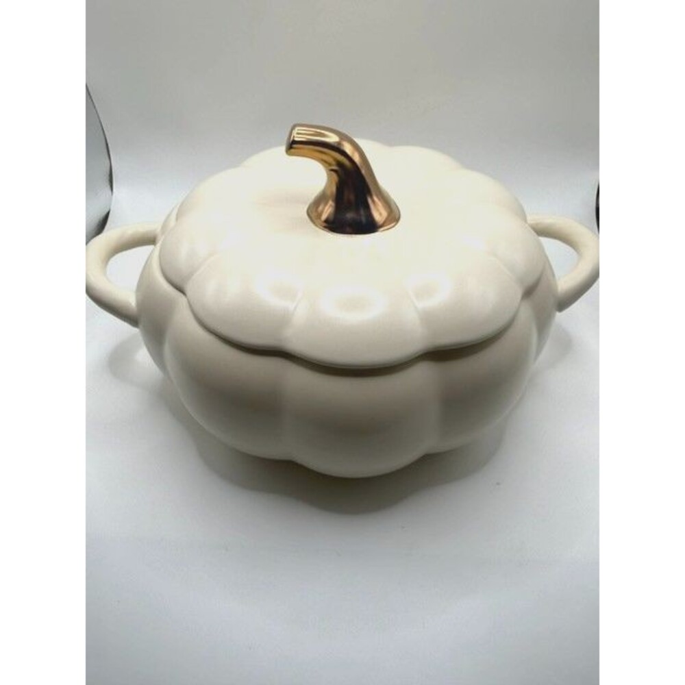 Pfaltzgraff Pumpkin Shaped Ceramic Casserole Dish 2 Qt Ivory Gold Stem New